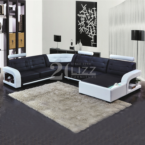 Sofá seccional LED de cuero en forma de U con chaise de almacenamiento