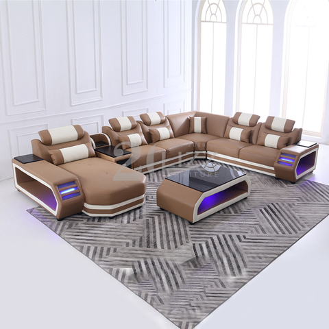 Sofá de sala de estar modular de cuero con mesa