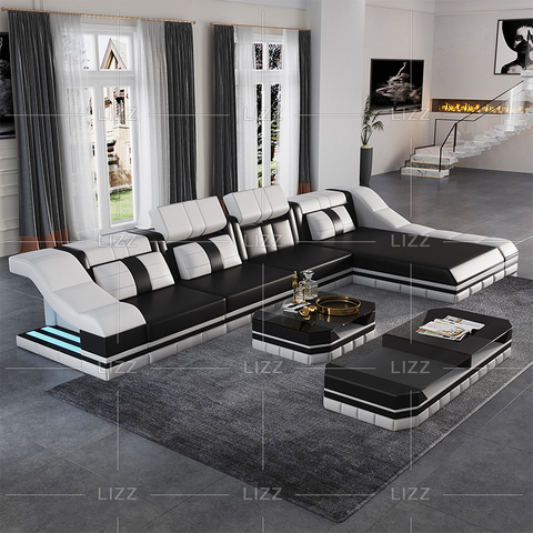 Sofá seccional LED de cuero en forma de L con mesa de centro