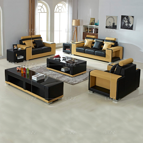 Sofá modular de sala de estar de cuero genuino con mesa
