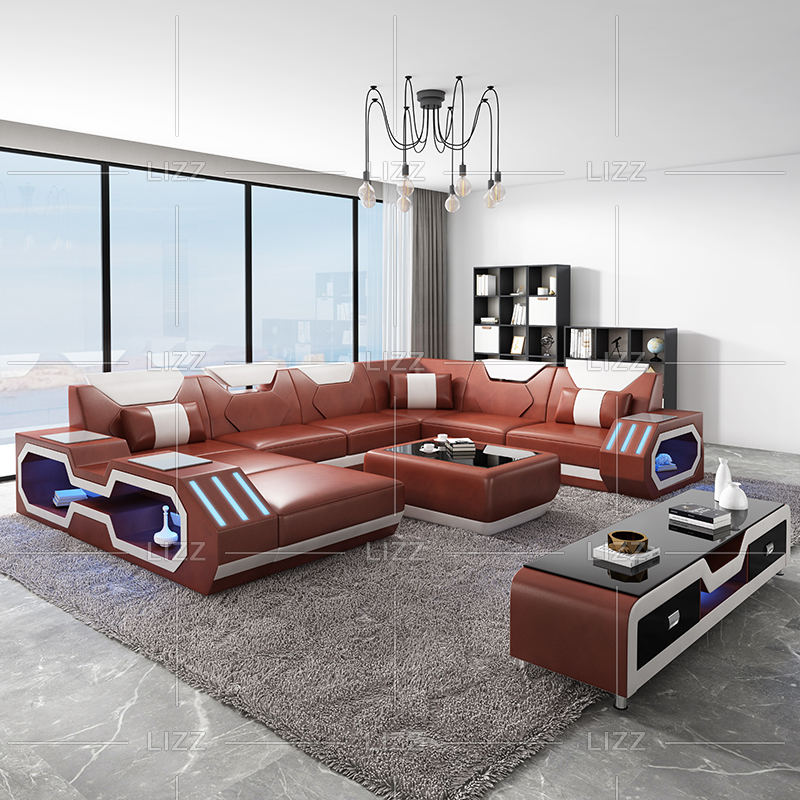 Hermoso sofá de sala de estar negro y rojo en forma de U