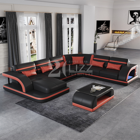 Sofá de cuero moderno para sala de estar con chaise