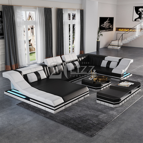 Sofá modular de cuero para sala de estar con chaise