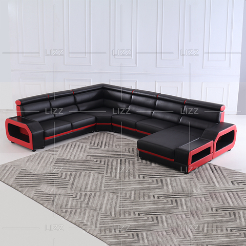 Sofá de sala de estar individual en forma de L negro y rojo