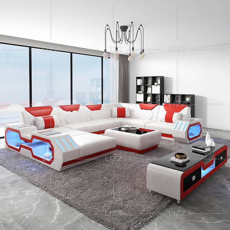 Hermoso sofá de sala de estar negro y rojo en forma de U