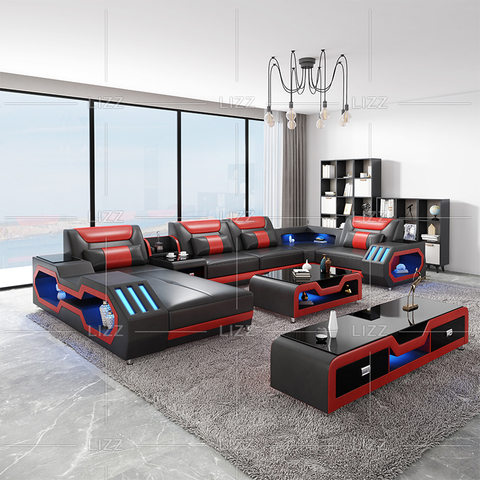 Sofá de cuero seccional con led rojo y negro con respaldos de almohada