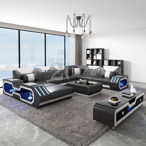 Sofá seccional LED de cuero genuino con chaise lounge