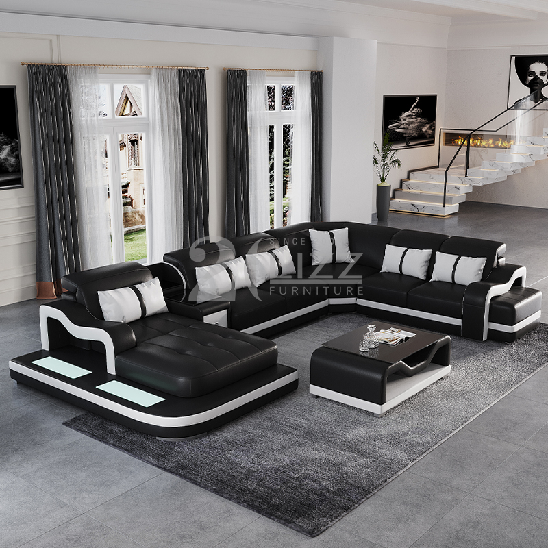 Sofá seccional LED de cuero en forma de U para sala de estar