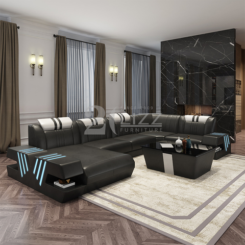 Sofá de sala de estar de cuero contemporáneo con chaise
