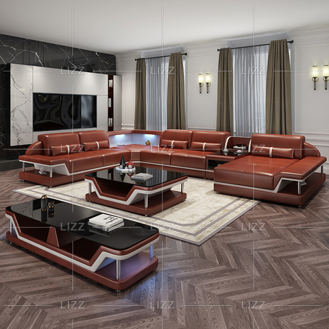 Sofá de cuero contemporáneo para sala de estar con mesa