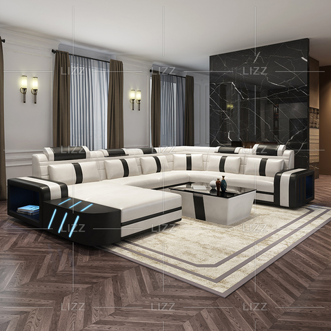 Sofá seccional en blanco y negro con led de lona para el hogar con cojines grandes