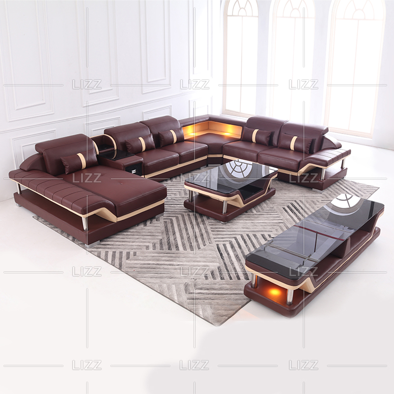 Sofá seccional LED marrón oscuro en forma de U con mesa