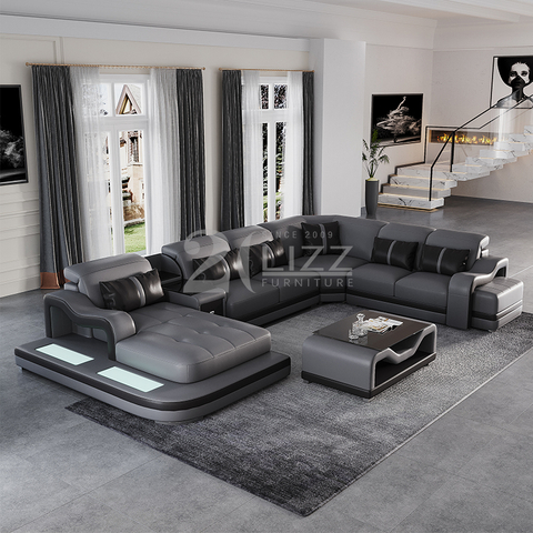 Sofá seccional led gris oscuro en forma de U con mesa de centro