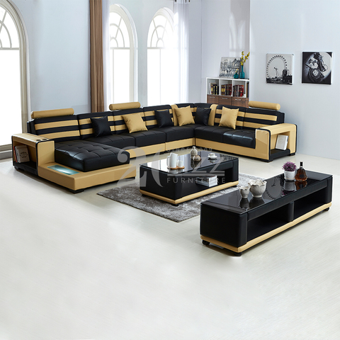 Sofá seccional LED negro y amarillo en forma de U con almacenamiento