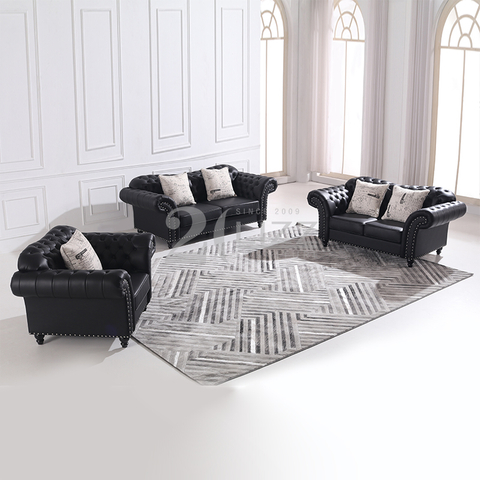 Sofá de salón clásico de cuero Chesterfield negro