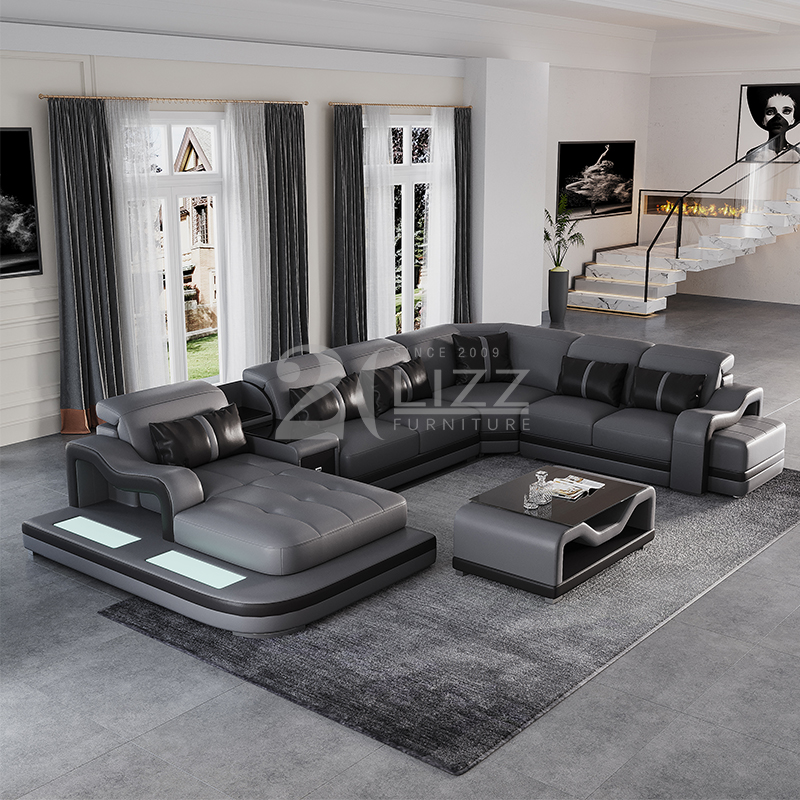 Sofá seccional LED de cuero en forma de U para sala de estar