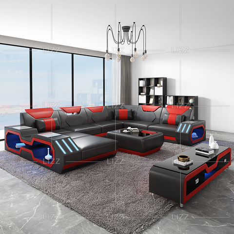 Hermoso sofá de sala de estar negro y rojo en forma de U
