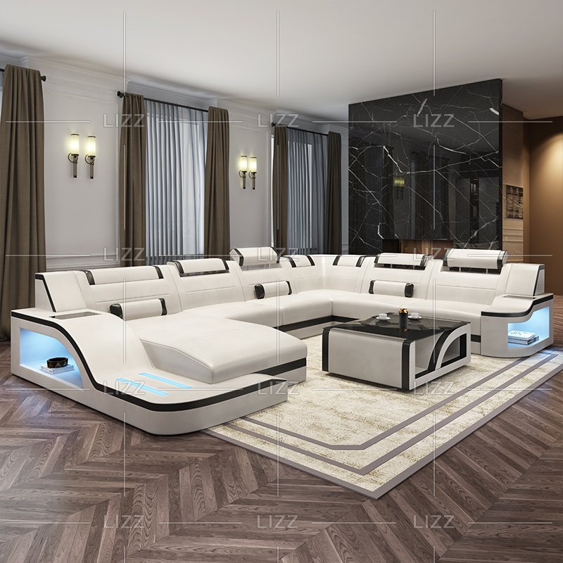 Sofá seccional LED marrón oscuro en forma de U para dormitorio