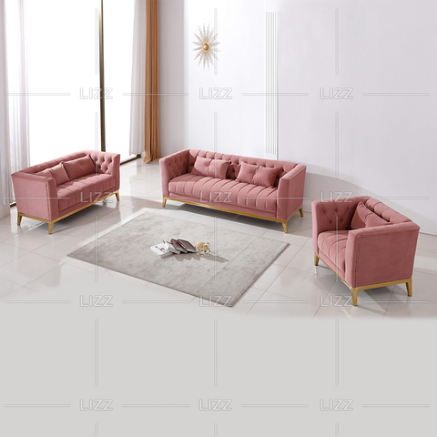 Sofá de tela Chesterfield de alta calidad con patas doradas